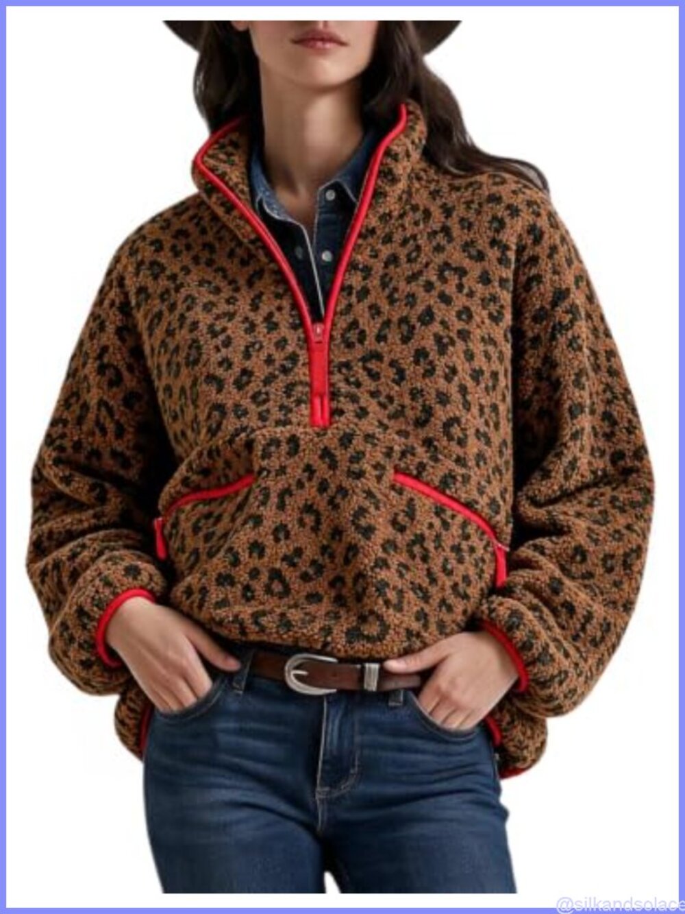Aoysky Womens Leopard Fleece Jacket Quarter Zip Sherpa Pullover Zip Pockets